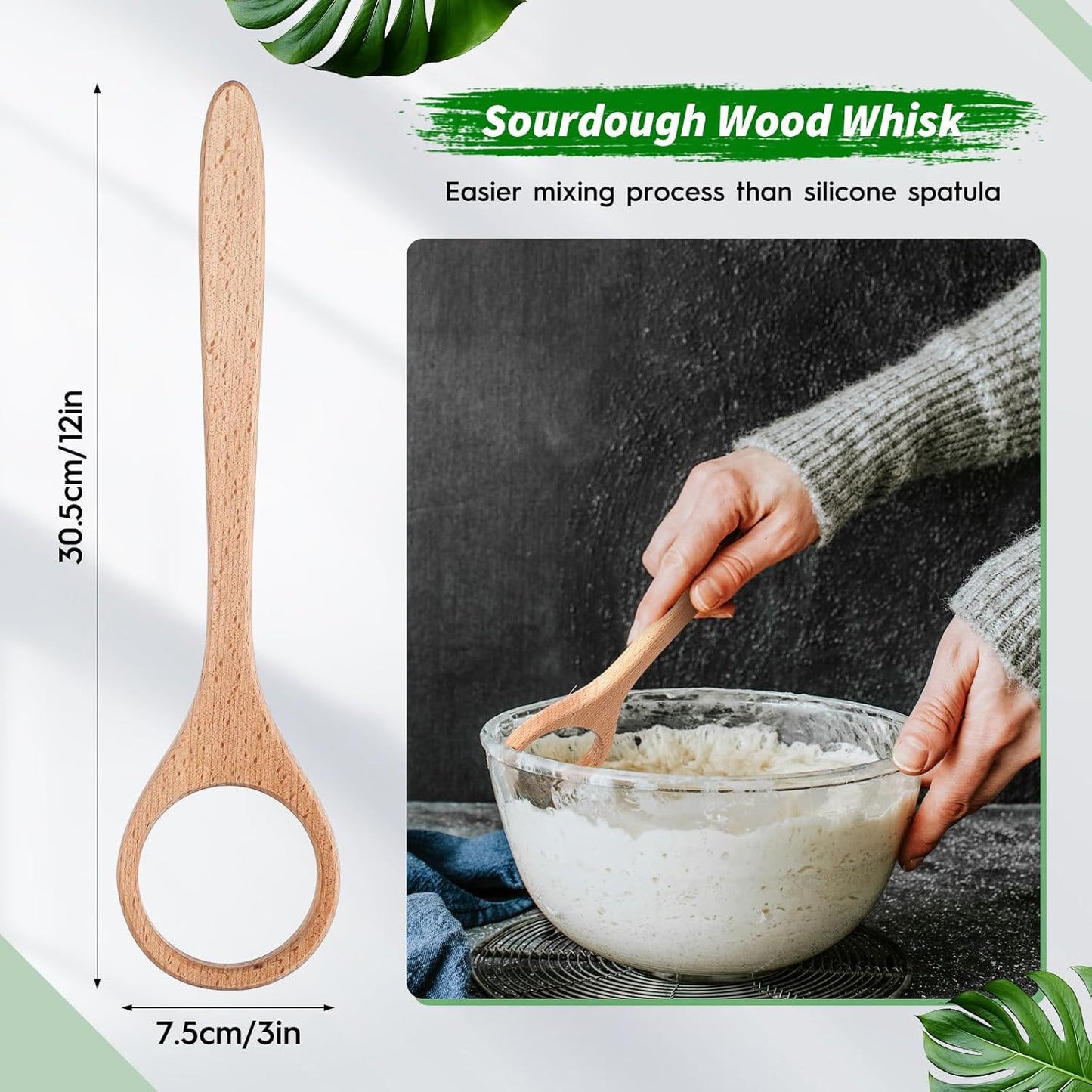 12 Inch Wooden Danish Dough Whisk Sourdough Whisk Dough Mixer Bread Whisking Tool for Mixing Sourdough Bread Baking Supplies for Pastries, Egg, Pizza(1 Pcs)