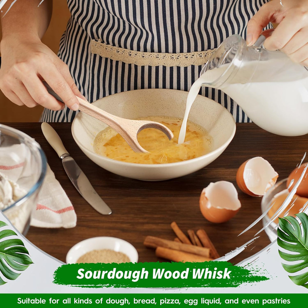 12 Inch Wooden Danish Dough Whisk Sourdough Whisk Dough Mixer Bread Whisking Tool for Mixing Sourdough Bread Baking Supplies for Pastries, Egg, Pizza(1 Pcs)