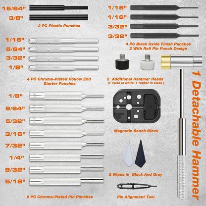 Punch Set and Hammer, Roll Pin Punch Set with Bench Block