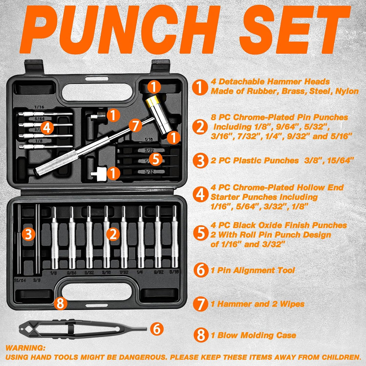 Punch Set and Hammer, Roll Pin Punch Set with Bench Block