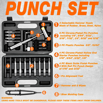 Punch Set and Hammer, Roll Pin Punch Set with Bench Block