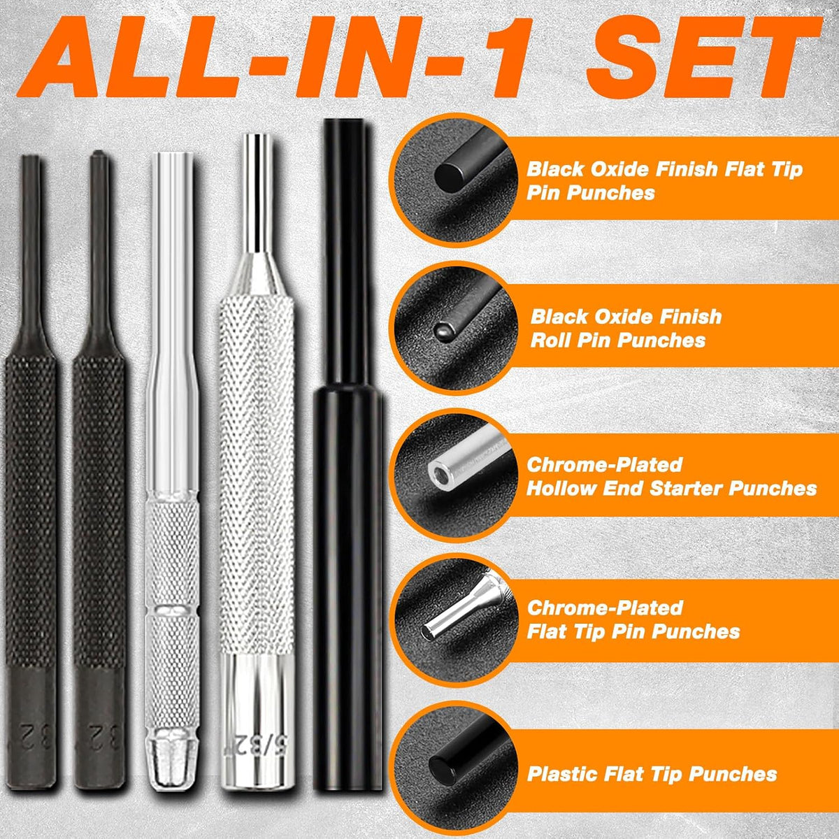 Punch Set and Hammer, Roll Pin Punch Set with Bench Block