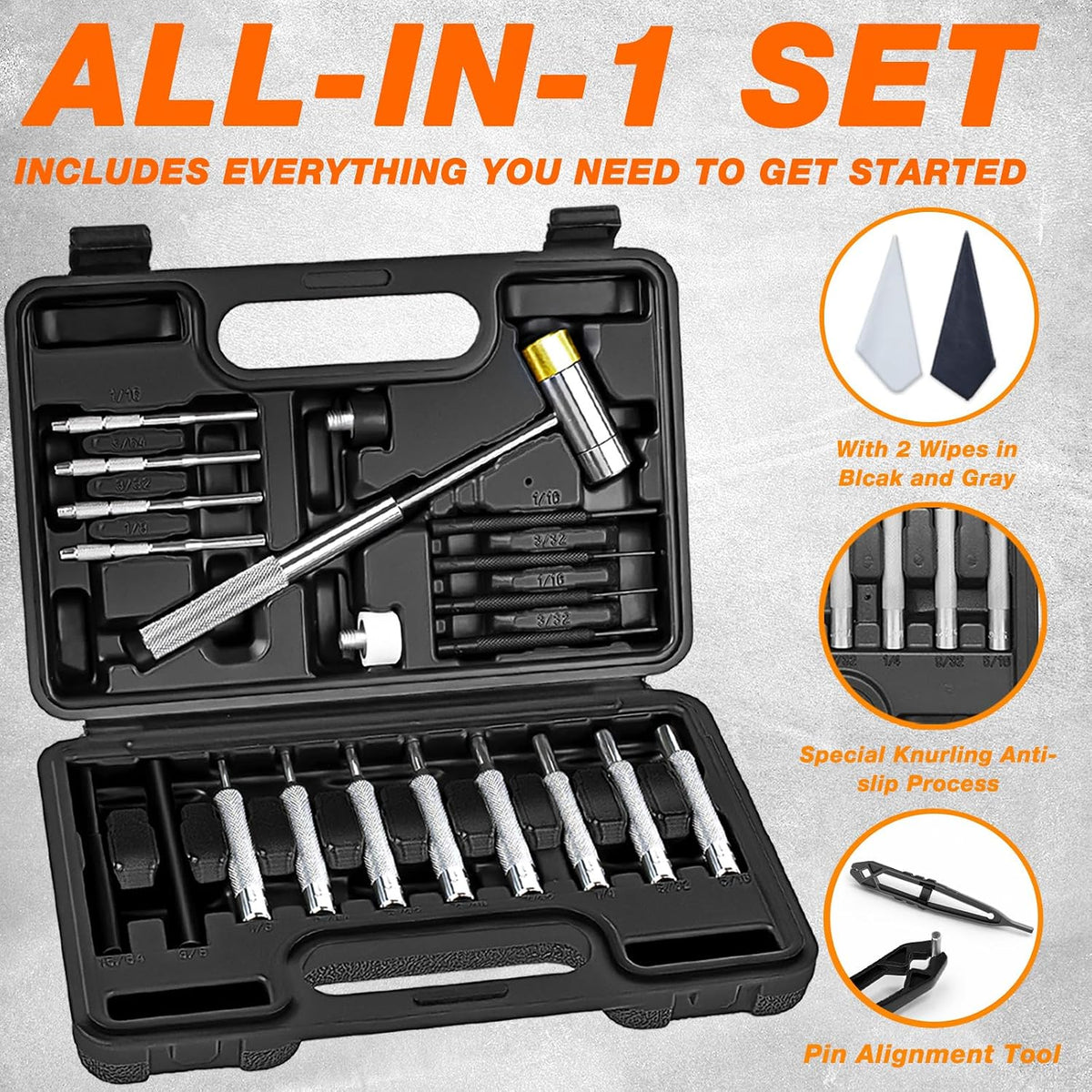 Punch Set and Hammer, Roll Pin Punch Set with Bench Block