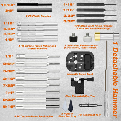 Punch Set and Hammer, Roll Pin Punch Set with Bench Block