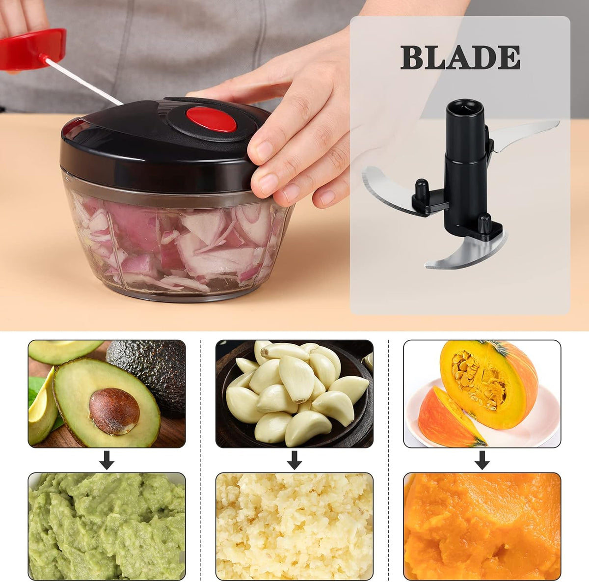 Manual Food Chopper Vegetable Cutter, Hand String Vegetable Chopper Onions Cutter for Vegetable Fruits Nuts BPA Free Food Safe Material, 900ml Grey