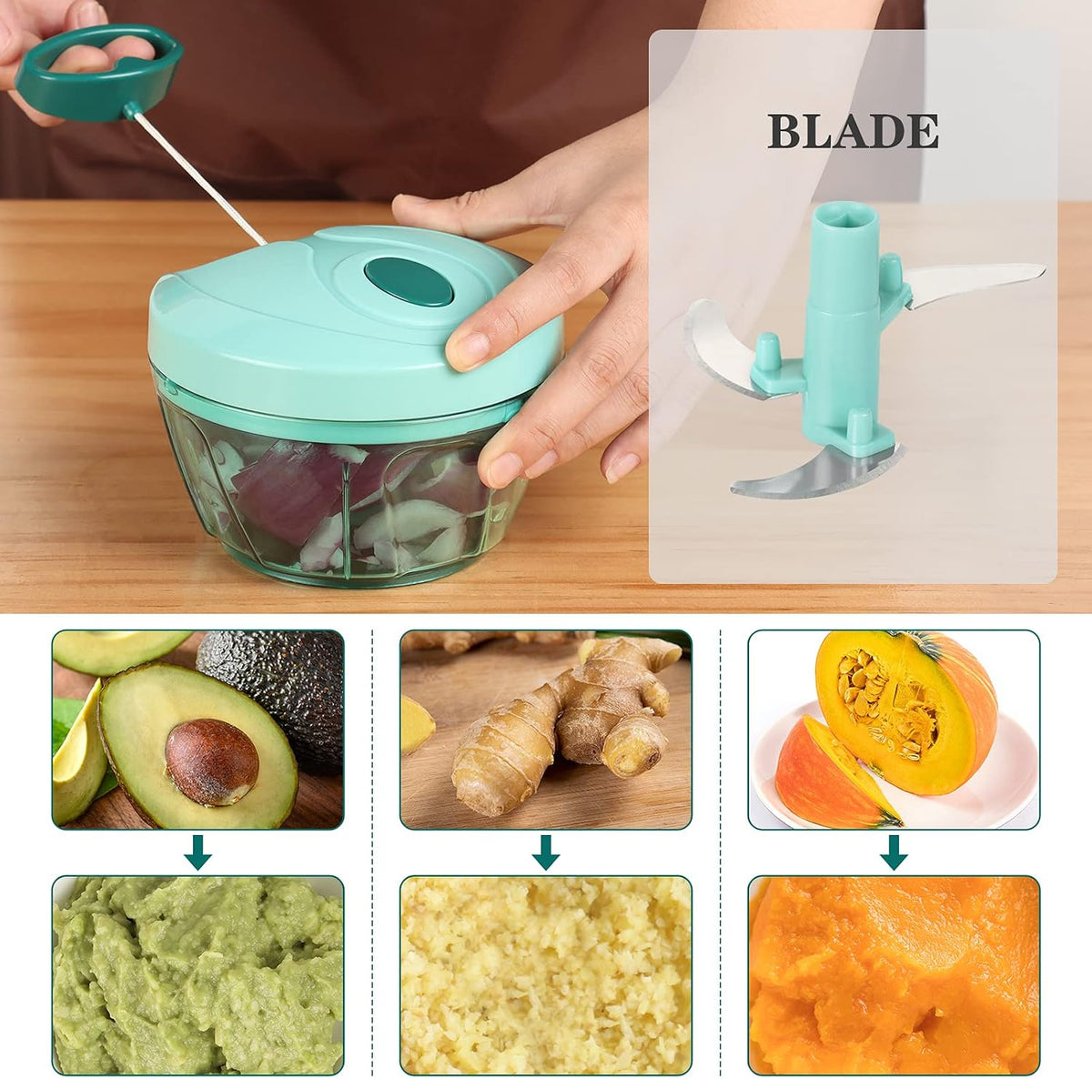 Manual Food Chopper Vegetable Cutter, Hand String Vegetable Chopper Onions Cutter for Vegetable Fruits Nuts BPA Free Food Safe Material, 900ml Grey