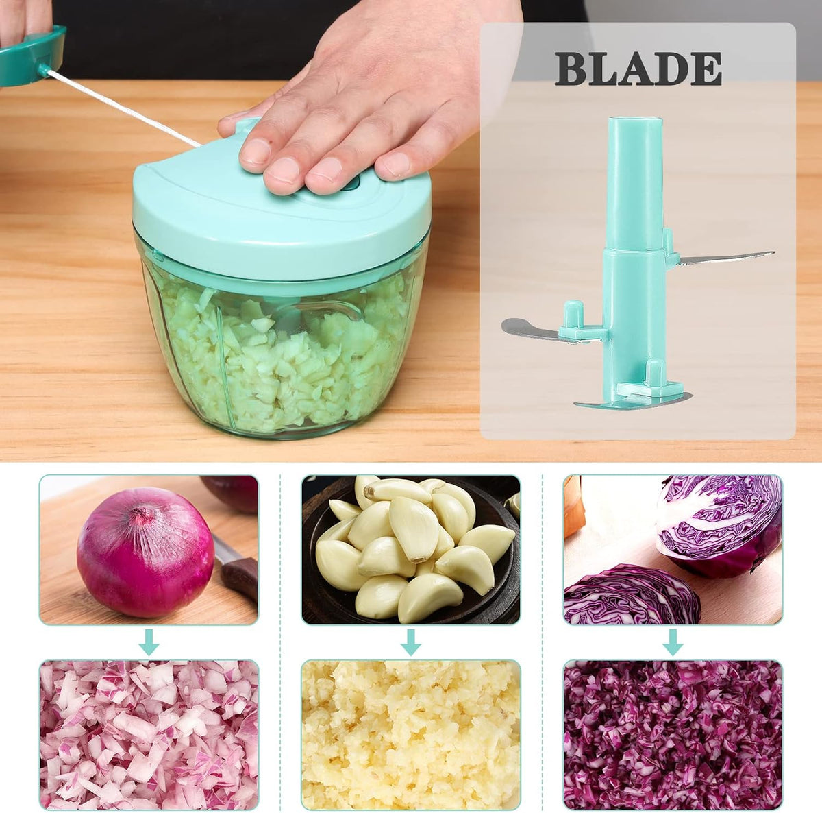 Manual Food Chopper Vegetable Cutter, Hand String Vegetable Chopper Onions Cutter for Vegetable Fruits Nuts BPA Free Food Safe Material, 900ml Grey