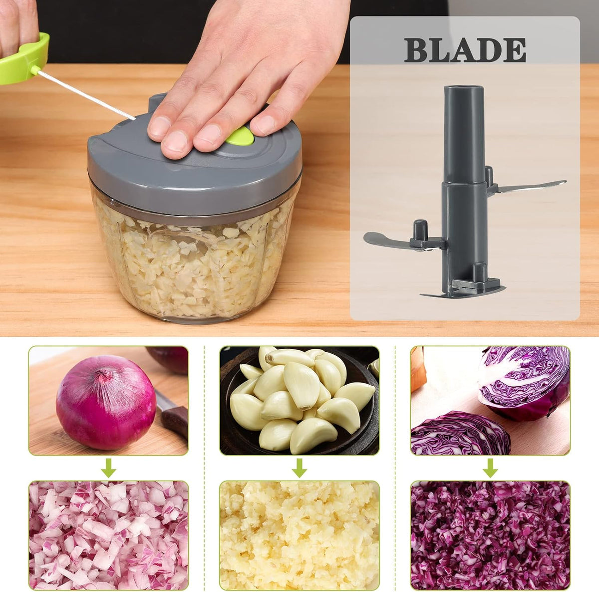 Manual Food Chopper Vegetable Cutter, Hand String Vegetable Chopper Onions Cutter for Vegetable Fruits Nuts BPA Free Food Safe Material, 900ml Grey