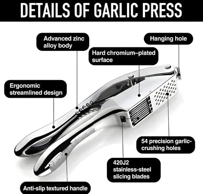 Garlic Press Stainless Steel - 3-in-1 Heavy Duty Garlic Press and Slicer, Professional Garlic Mincer Tool & Garlic Crusher with Ergonomic Handle, Dishwasher Safe Garlic Presser Set