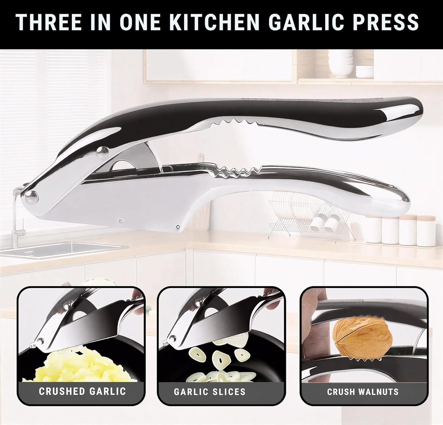 Garlic Press Stainless Steel - 3-in-1 Heavy Duty Garlic Press and Slicer, Professional Garlic Mincer Tool & Garlic Crusher with Ergonomic Handle, Dishwasher Safe Garlic Presser Set