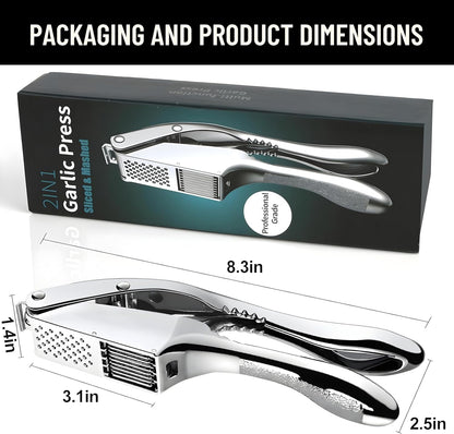 Garlic Press Stainless Steel - 3-in-1 Heavy Duty Garlic Press and Slicer, Professional Garlic Mincer Tool & Garlic Crusher with Ergonomic Handle, Dishwasher Safe Garlic Presser Set