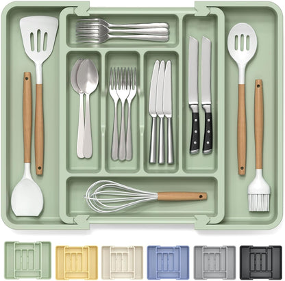 Large Silverware Organizer for Kitchen Drawer & Utensils - Expandable Drawer Organizer for Cutlery, Flatware & Gadget, BPA-Free Thick Plastic, Wider Compartments & Non-skid Feet (Sage Green)