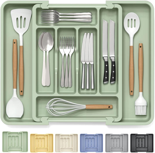 Large Silverware Organizer for Kitchen Drawer & Utensils - Expandable Drawer Organizer for Cutlery, Flatware & Gadget, BPA-Free Thick Plastic, Wider Compartments & Non-skid Feet (Sage Green)