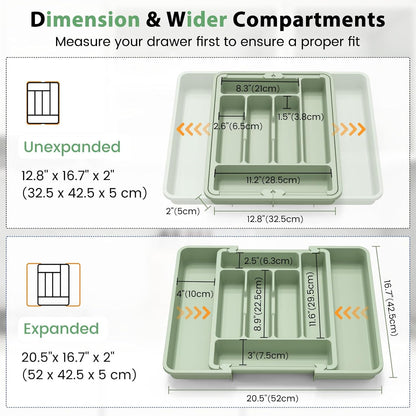 Large Silverware Organizer for Kitchen Drawer & Utensils - Expandable Drawer Organizer for Cutlery, Flatware & Gadget, BPA-Free Thick Plastic, Wider Compartments & Non-skid Feet (Sage Green)