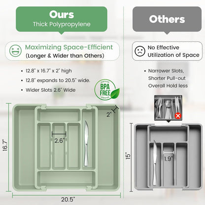 Large Silverware Organizer for Kitchen Drawer & Utensils - Expandable Drawer Organizer for Cutlery, Flatware & Gadget, BPA-Free Thick Plastic, Wider Compartments & Non-skid Feet (Sage Green)