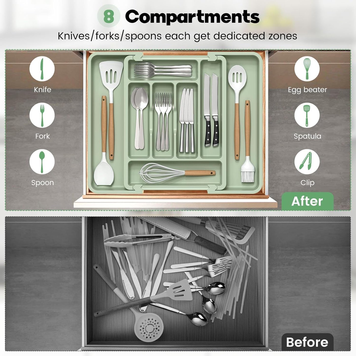 Large Silverware Organizer for Kitchen Drawer & Utensils - Expandable Drawer Organizer for Cutlery, Flatware & Gadget, BPA-Free Thick Plastic, Wider Compartments & Non-skid Feet (Sage Green)