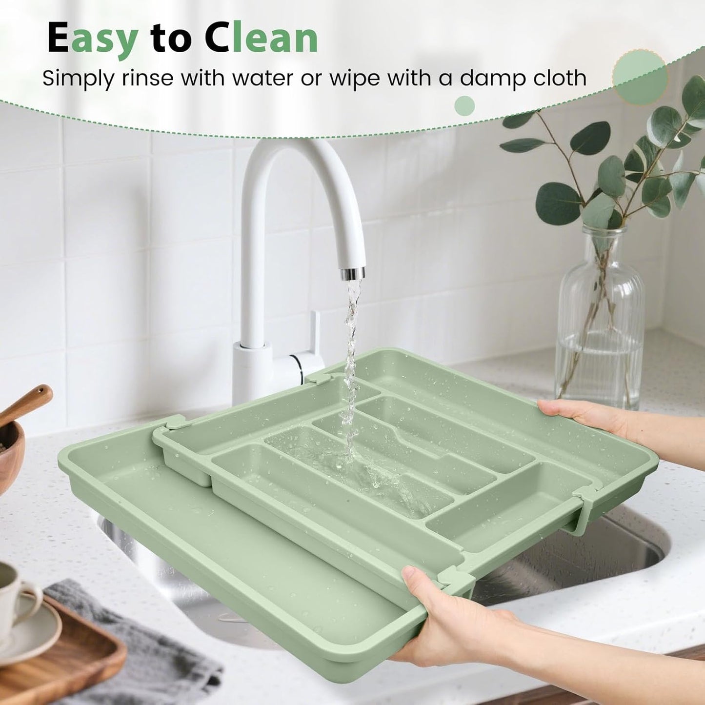 Large Silverware Organizer for Kitchen Drawer & Utensils - Expandable Drawer Organizer for Cutlery, Flatware & Gadget, BPA-Free Thick Plastic, Wider Compartments & Non-skid Feet (Sage Green)
