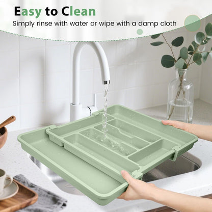 Large Silverware Organizer for Kitchen Drawer & Utensils - Expandable Drawer Organizer for Cutlery, Flatware & Gadget, BPA-Free Thick Plastic, Wider Compartments & Non-skid Feet (Sage Green)