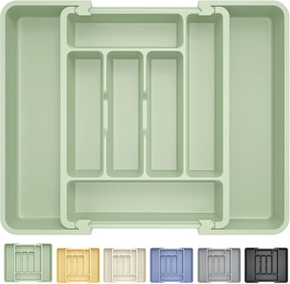 Large Silverware Organizer for Kitchen Drawer & Utensils - Expandable Drawer Organizer for Cutlery, Flatware & Gadget, BPA-Free Thick Plastic, Wider Compartments & Non-skid Feet (Sage Green)