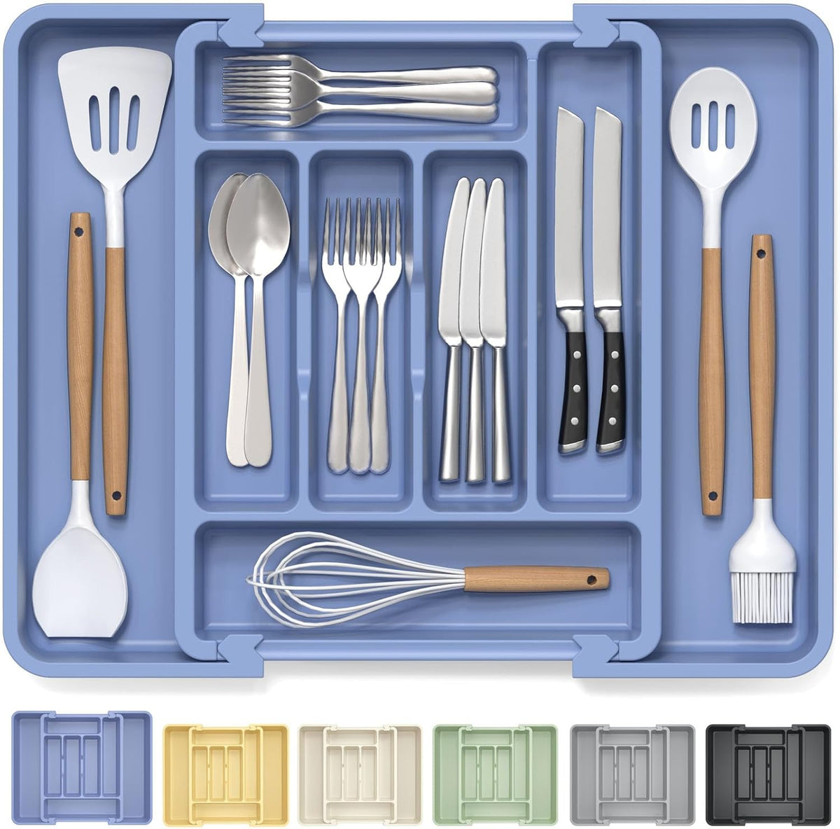 Large Silverware Organizer for Kitchen Drawer & Utensils - Expandable Drawer Organizer for Cutlery, Flatware & Gadget, BPA-Free Thick Plastic, Wider Compartments & Non-skid Feet (Sage Green)