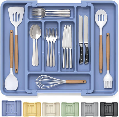 Large Silverware Organizer for Kitchen Drawer & Utensils - Expandable Drawer Organizer for Cutlery, Flatware & Gadget, BPA-Free Thick Plastic, Wider Compartments & Non-skid Feet (Sage Green)