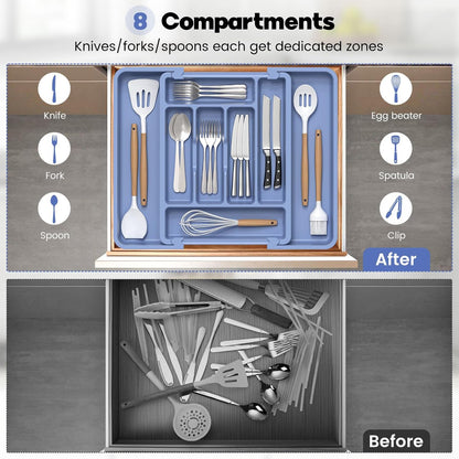 Large Silverware Organizer for Kitchen Drawer & Utensils - Expandable Drawer Organizer for Cutlery, Flatware & Gadget, BPA-Free Thick Plastic, Wider Compartments & Non-skid Feet (Sage Green)