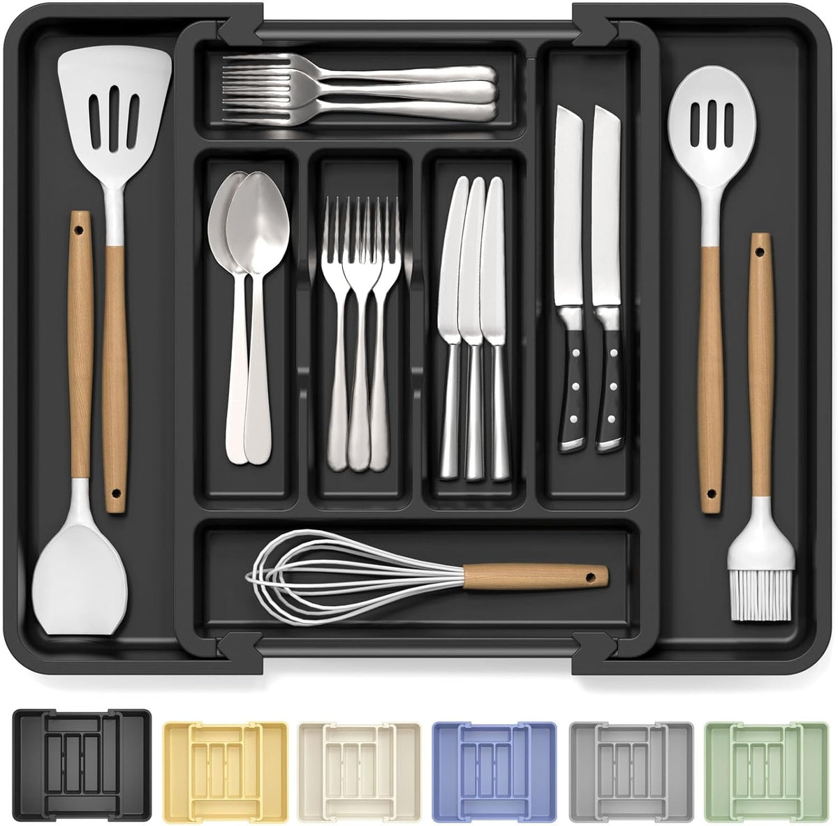 Large Silverware Organizer for Kitchen Drawer & Utensils - Expandable Drawer Organizer for Cutlery, Flatware & Gadget, BPA-Free Thick Plastic, Wider Compartments & Non-skid Feet (Sage Green)