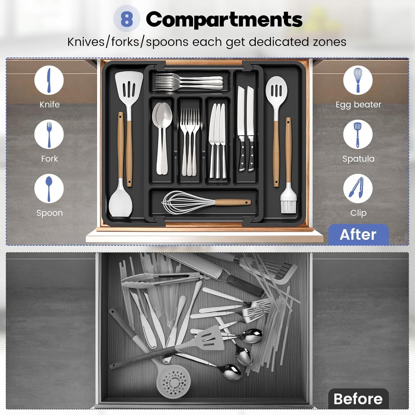 Large Silverware Organizer for Kitchen Drawer & Utensils - Expandable Drawer Organizer for Cutlery, Flatware & Gadget, BPA-Free Thick Plastic, Wider Compartments & Non-skid Feet (Sage Green)