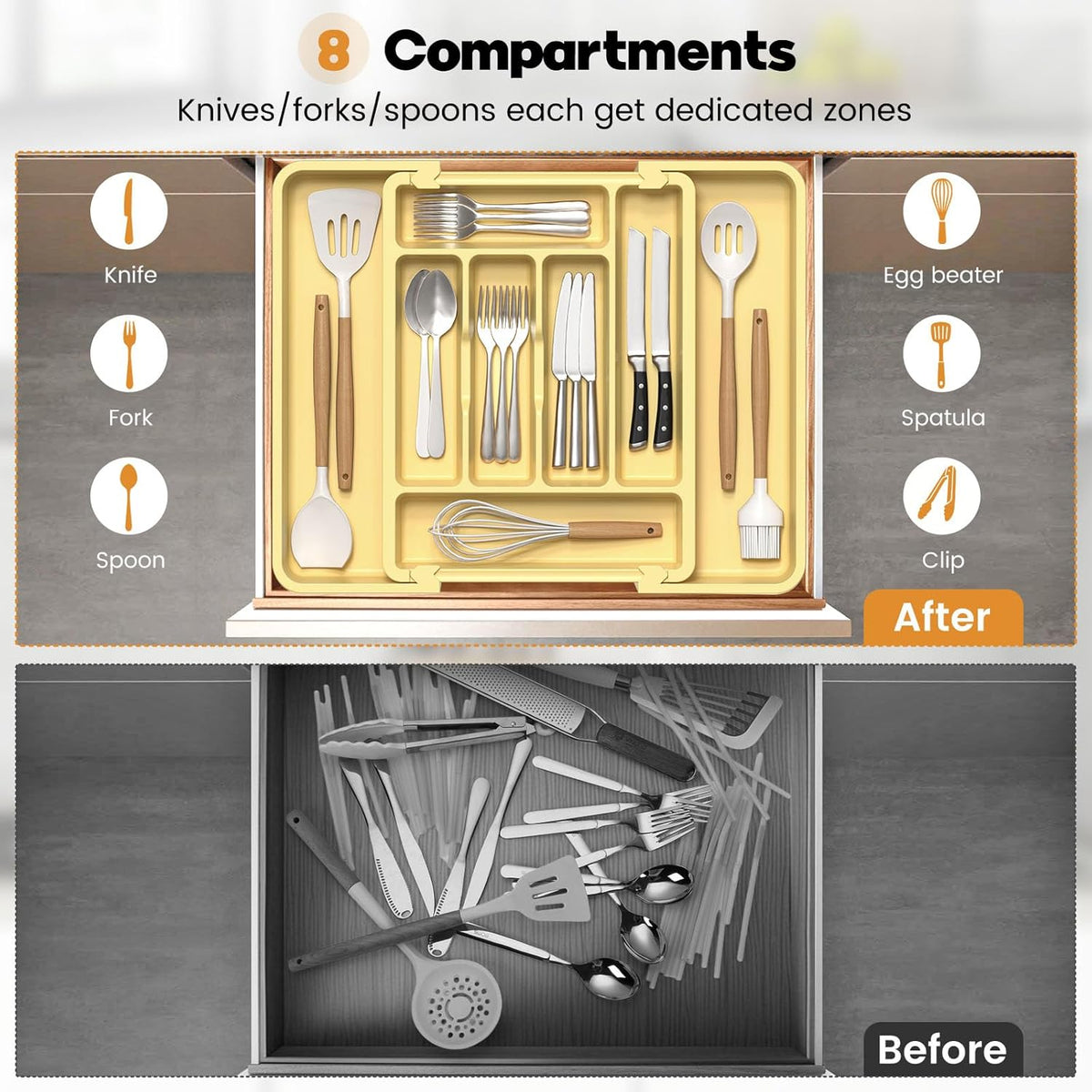 Large Silverware Organizer for Kitchen Drawer & Utensils - Expandable Drawer Organizer for Cutlery, Flatware & Gadget, BPA-Free Thick Plastic, Wider Compartments & Non-skid Feet (Sage Green)
