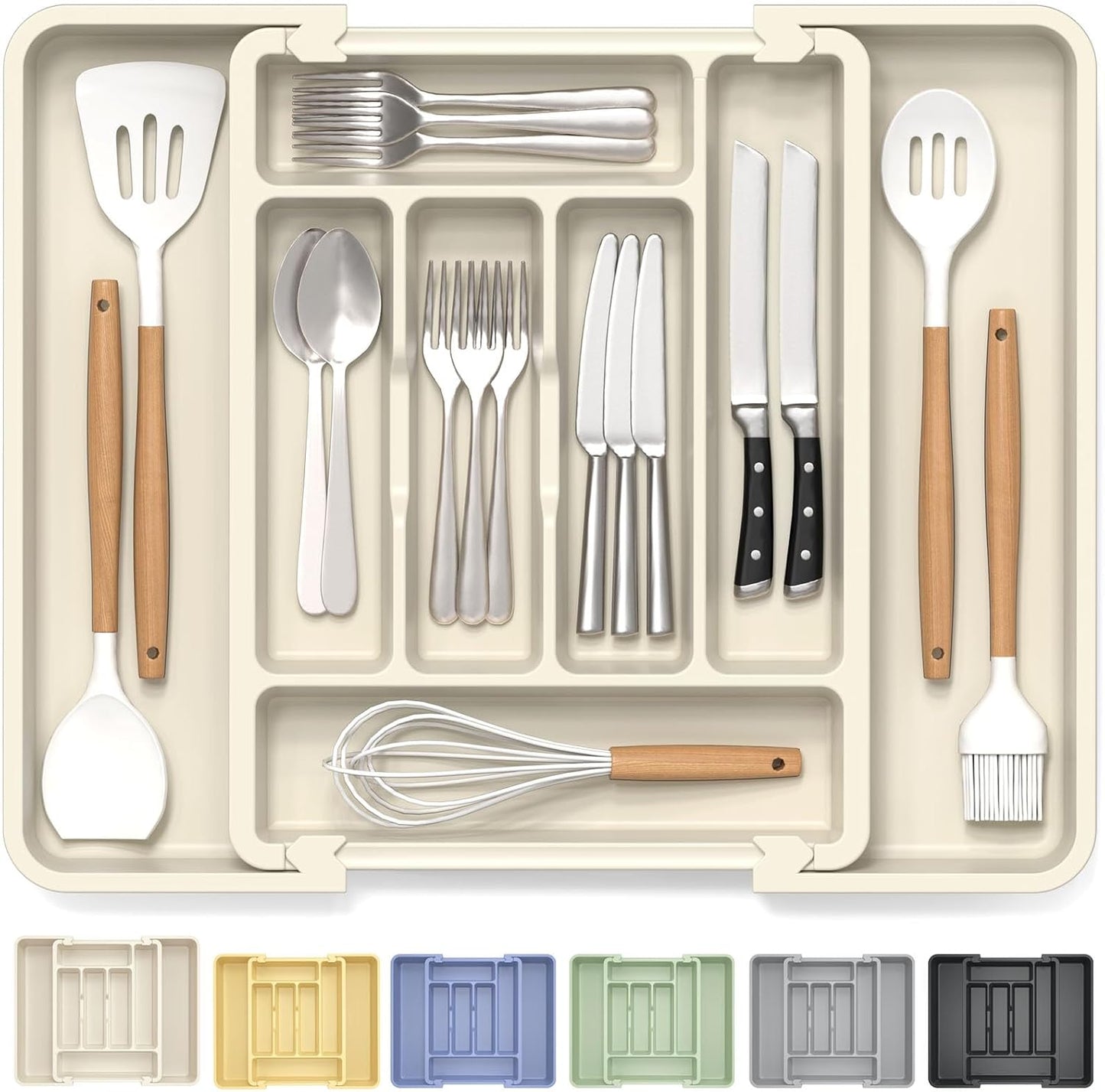 Large Silverware Organizer for Kitchen Drawer & Utensils - Expandable Drawer Organizer for Cutlery, Flatware & Gadget, BPA-Free Thick Plastic, Wider Compartments & Non-skid Feet (Sage Green)