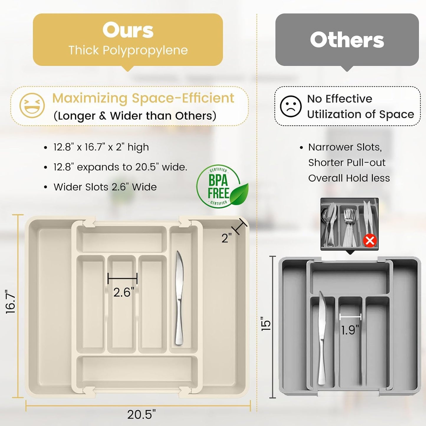 Large Silverware Organizer for Kitchen Drawer & Utensils - Expandable Drawer Organizer for Cutlery, Flatware & Gadget, BPA-Free Thick Plastic, Wider Compartments & Non-skid Feet (Sage Green)