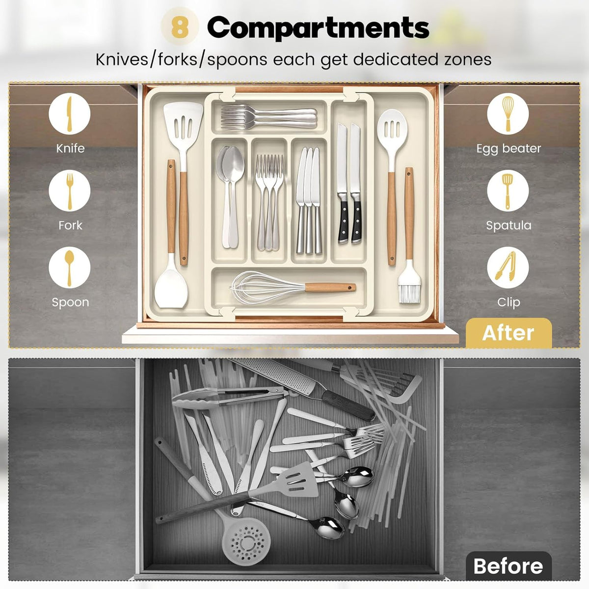 Large Silverware Organizer for Kitchen Drawer & Utensils - Expandable Drawer Organizer for Cutlery, Flatware & Gadget, BPA-Free Thick Plastic, Wider Compartments & Non-skid Feet (Sage Green)