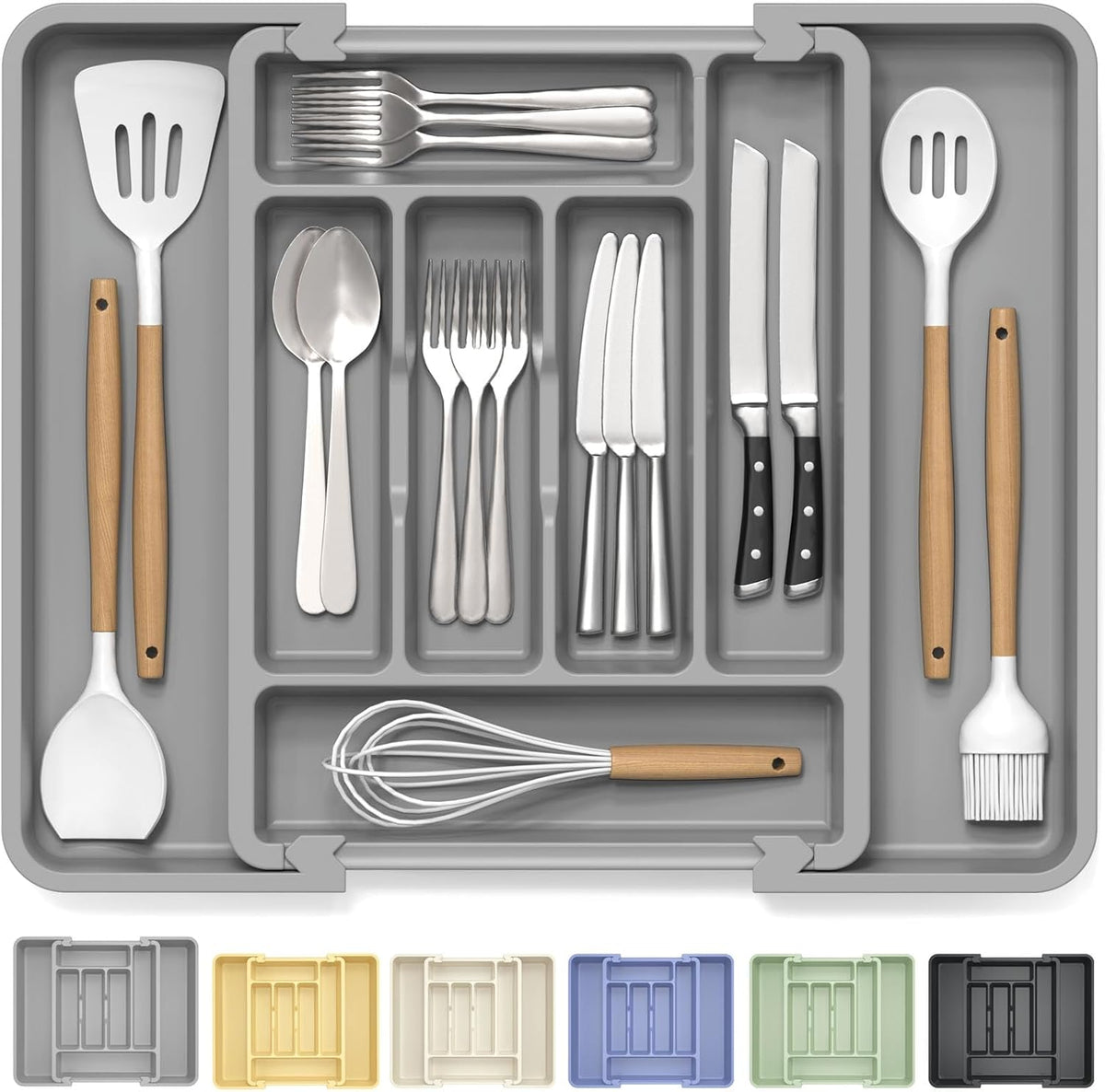 Large Silverware Organizer for Kitchen Drawer & Utensils - Expandable Drawer Organizer for Cutlery, Flatware & Gadget, BPA-Free Thick Plastic, Wider Compartments & Non-skid Feet (Sage Green)