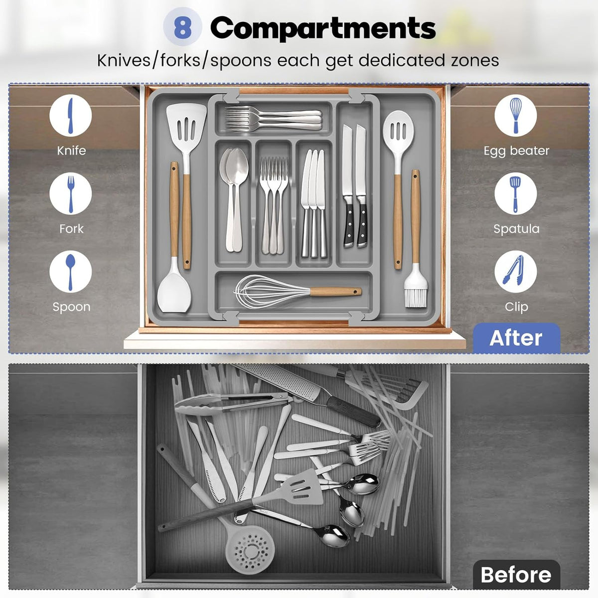 Large Silverware Organizer for Kitchen Drawer & Utensils - Expandable Drawer Organizer for Cutlery, Flatware & Gadget, BPA-Free Thick Plastic, Wider Compartments & Non-skid Feet (Sage Green)