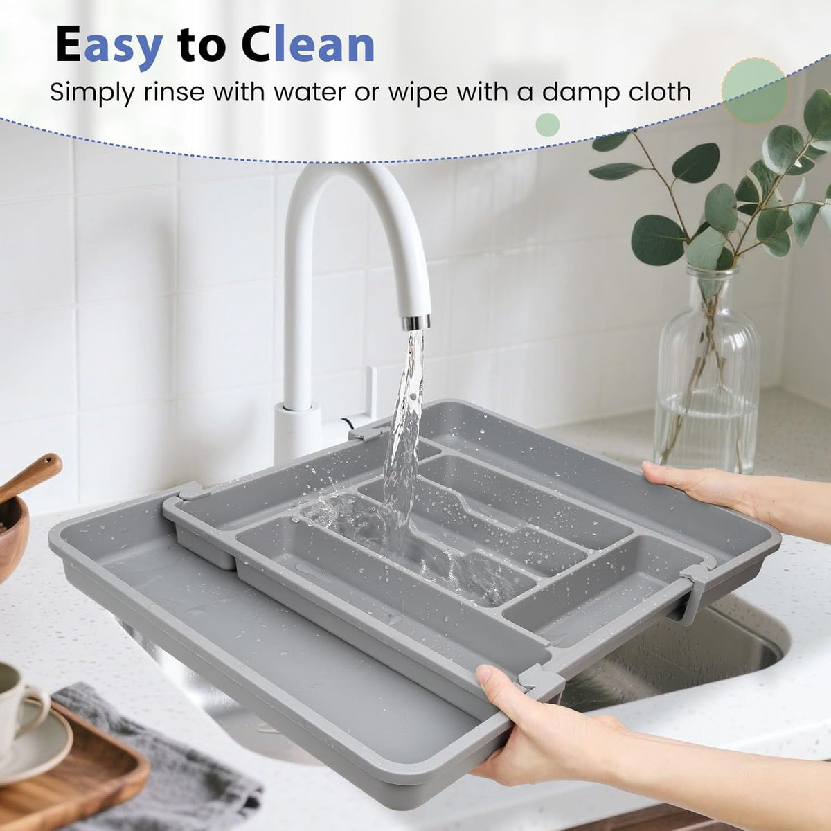 Large Silverware Organizer for Kitchen Drawer & Utensils - Expandable Drawer Organizer for Cutlery, Flatware & Gadget, BPA-Free Thick Plastic, Wider Compartments & Non-skid Feet (Sage Green)