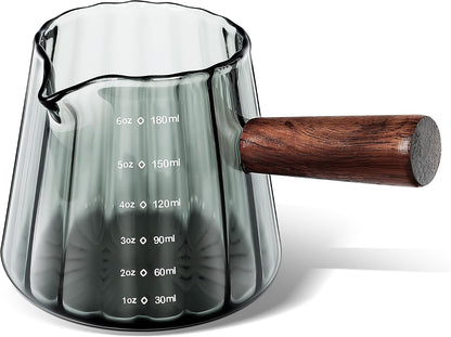 Joeyan 6 oz Grey Glass Measuring Cups with Spout,Borosilicate Glass Triple Pitcher with Scale,Origami Style Espresso Shot Glasses with Wood Handle for Coffee Milk,Dishwasher Safe