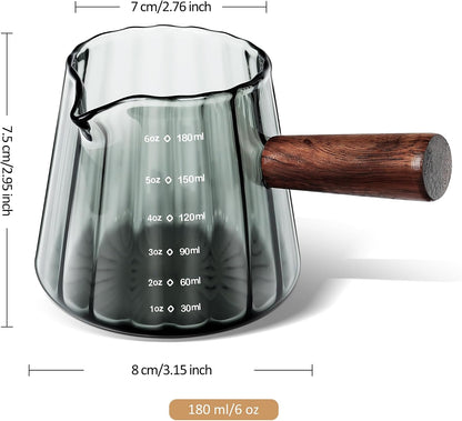 Joeyan 6 oz Grey Glass Measuring Cups with Spout,Borosilicate Glass Triple Pitcher with Scale,Origami Style Espresso Shot Glasses with Wood Handle for Coffee Milk,Dishwasher Safe
