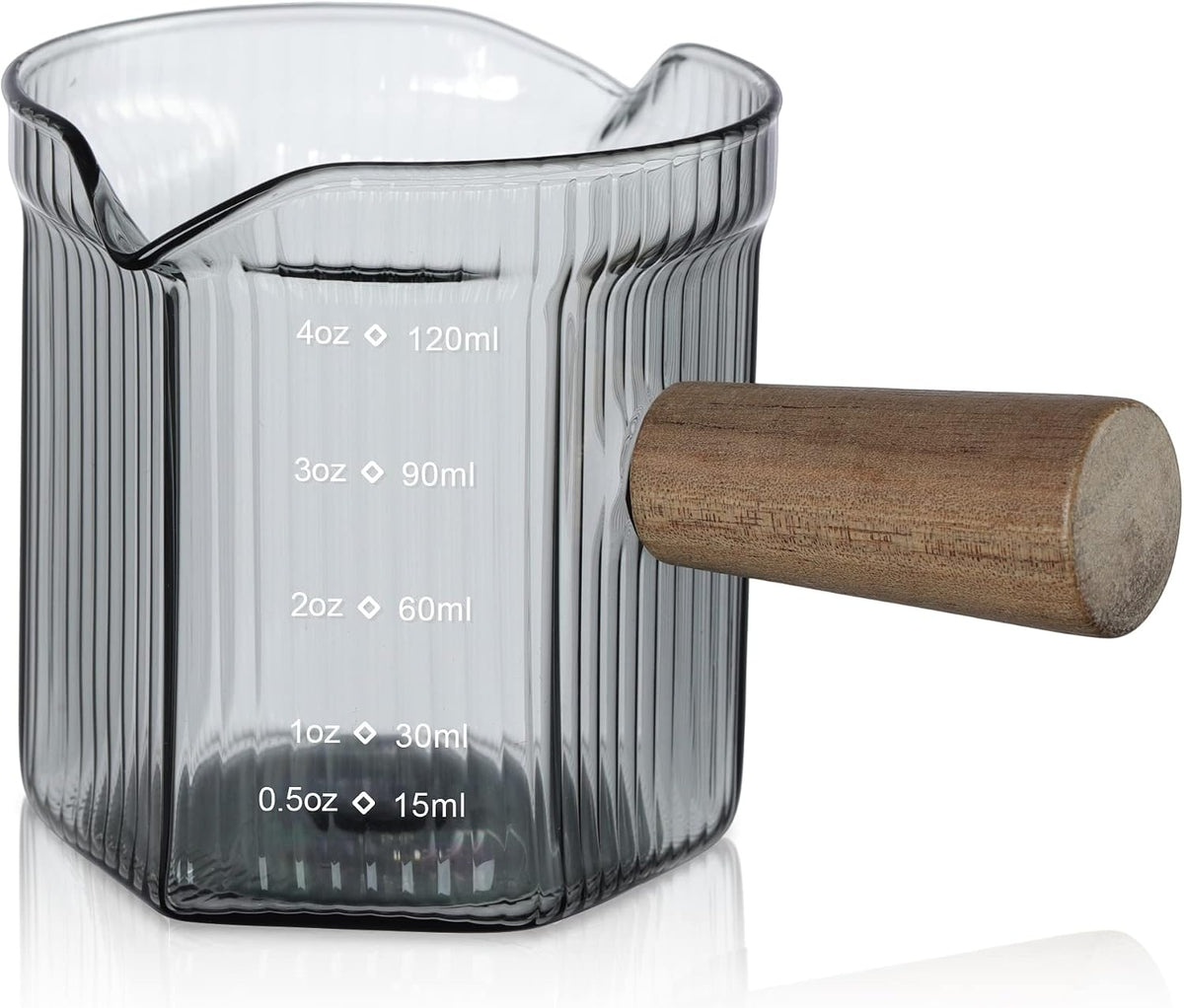 Joeyan 6 oz Grey Glass Measuring Cups with Spout,Borosilicate Glass Triple Pitcher with Scale,Origami Style Espresso Shot Glasses with Wood Handle for Coffee Milk,Dishwasher Safe