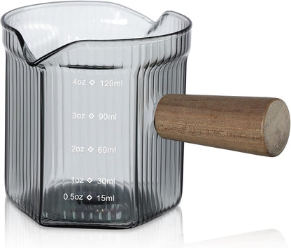 Joeyan 6 oz Grey Glass Measuring Cups with Spout,Borosilicate Glass Triple Pitcher with Scale,Origami Style Espresso Shot Glasses with Wood Handle for Coffee Milk,Dishwasher Safe