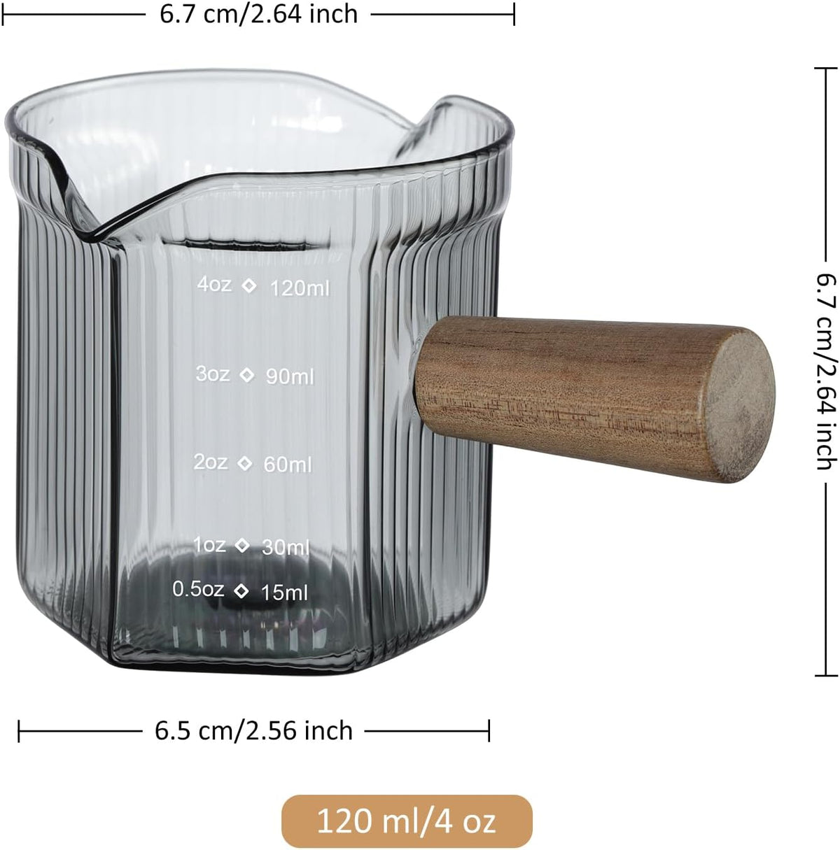 Joeyan 6 oz Grey Glass Measuring Cups with Spout,Borosilicate Glass Triple Pitcher with Scale,Origami Style Espresso Shot Glasses with Wood Handle for Coffee Milk,Dishwasher Safe
