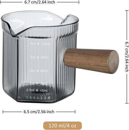 Joeyan 6 oz Grey Glass Measuring Cups with Spout,Borosilicate Glass Triple Pitcher with Scale,Origami Style Espresso Shot Glasses with Wood Handle for Coffee Milk,Dishwasher Safe