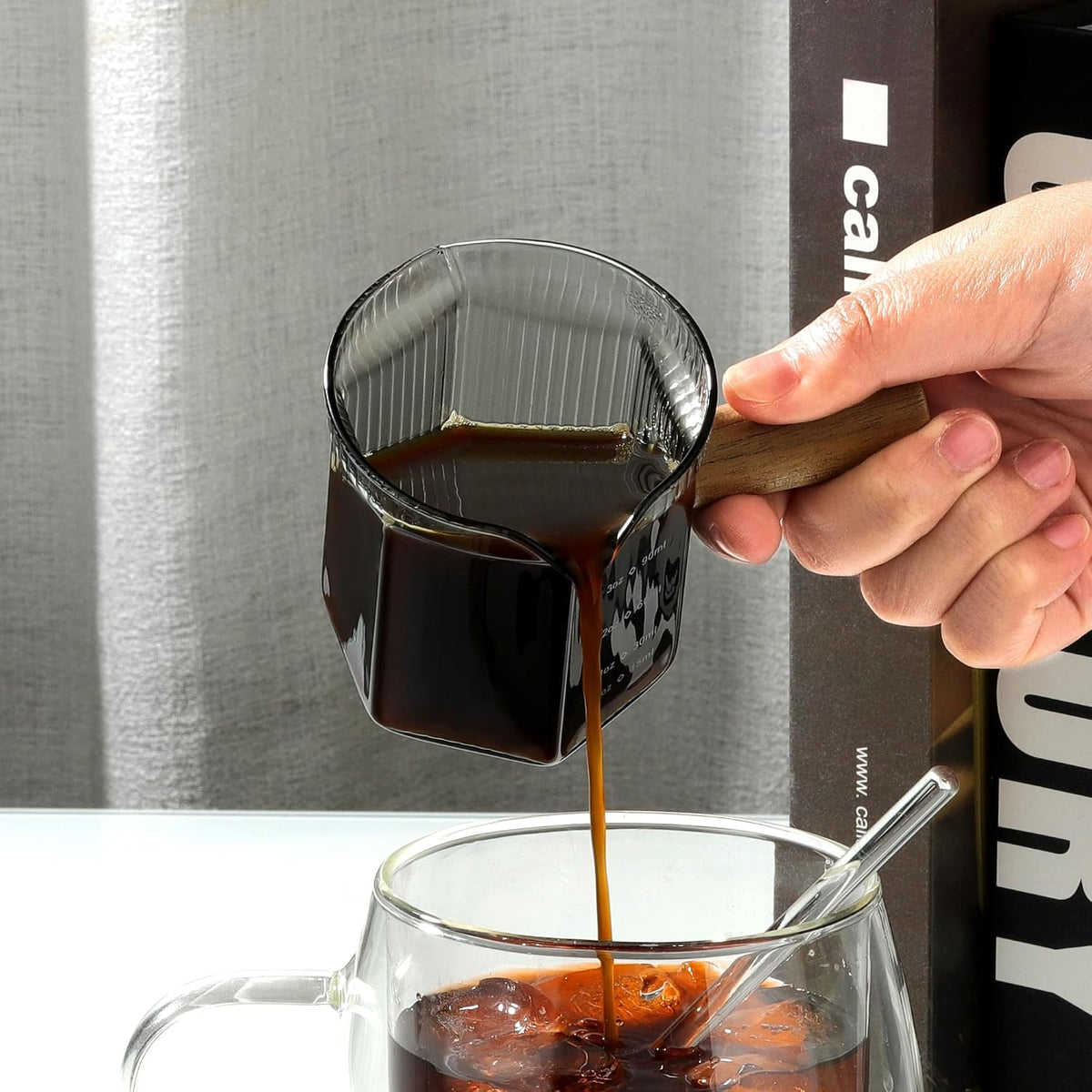 Joeyan 6 oz Grey Glass Measuring Cups with Spout,Borosilicate Glass Triple Pitcher with Scale,Origami Style Espresso Shot Glasses with Wood Handle for Coffee Milk,Dishwasher Safe