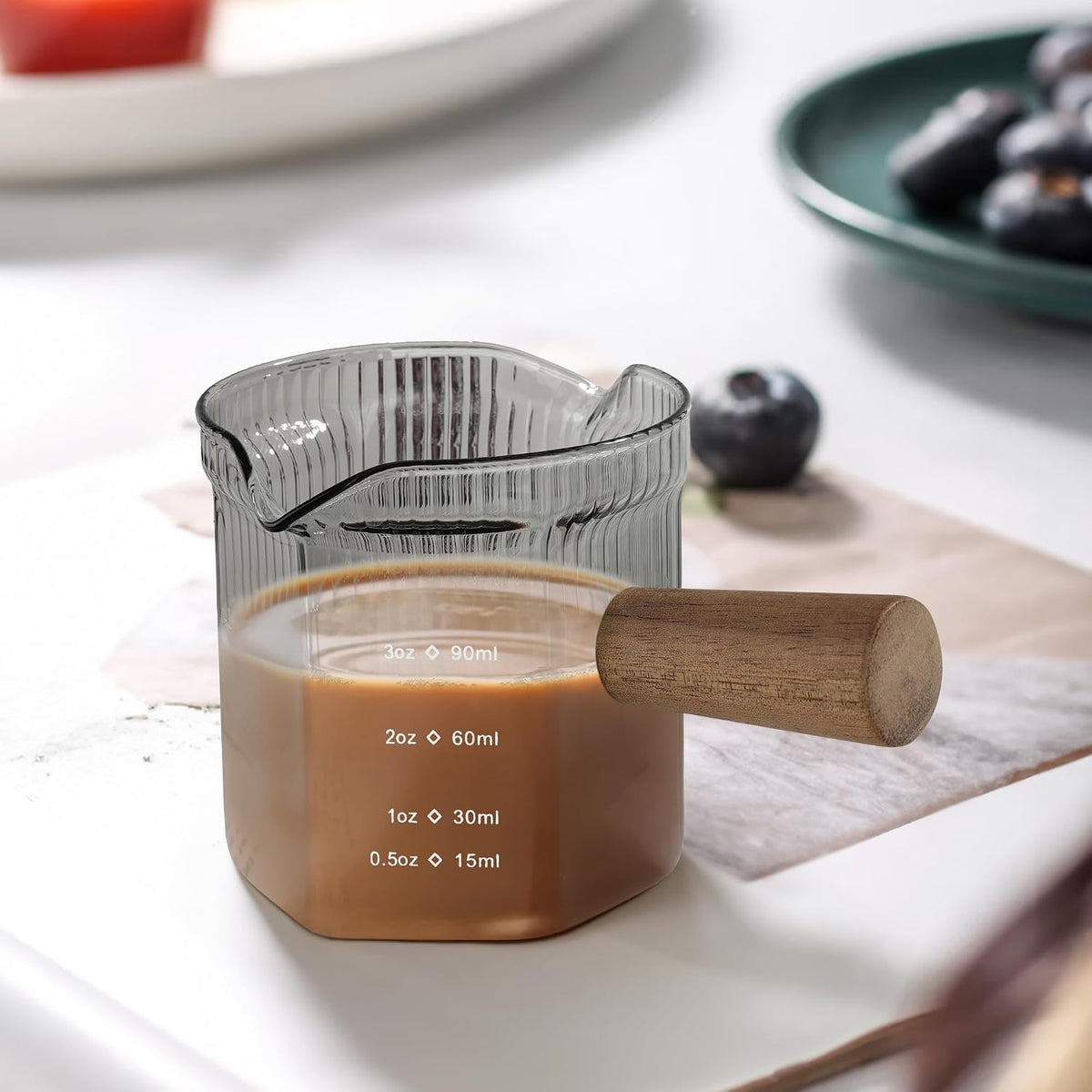 Joeyan 6 oz Grey Glass Measuring Cups with Spout,Borosilicate Glass Triple Pitcher with Scale,Origami Style Espresso Shot Glasses with Wood Handle for Coffee Milk,Dishwasher Safe