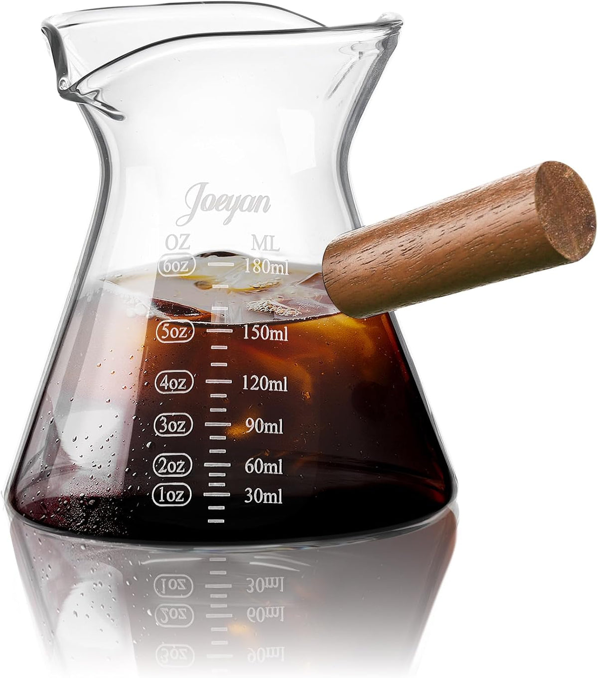 Joeyan 6 oz Grey Glass Measuring Cups with Spout,Borosilicate Glass Triple Pitcher with Scale,Origami Style Espresso Shot Glasses with Wood Handle for Coffee Milk,Dishwasher Safe