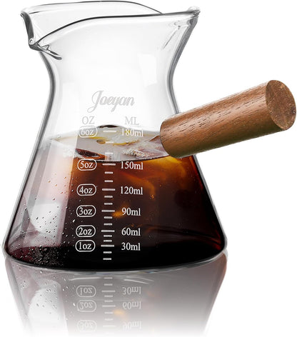 Joeyan 6 oz Grey Glass Measuring Cups with Spout,Borosilicate Glass Triple Pitcher with Scale,Origami Style Espresso Shot Glasses with Wood Handle for Coffee Milk,Dishwasher Safe
