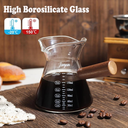 Joeyan 6 oz Grey Glass Measuring Cups with Spout,Borosilicate Glass Triple Pitcher with Scale,Origami Style Espresso Shot Glasses with Wood Handle for Coffee Milk,Dishwasher Safe