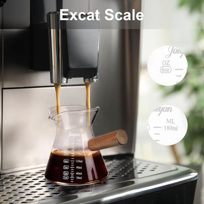 Joeyan 6 oz Grey Glass Measuring Cups with Spout,Borosilicate Glass Triple Pitcher with Scale,Origami Style Espresso Shot Glasses with Wood Handle for Coffee Milk,Dishwasher Safe