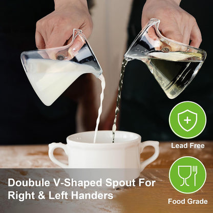 Joeyan 6 oz Grey Glass Measuring Cups with Spout,Borosilicate Glass Triple Pitcher with Scale,Origami Style Espresso Shot Glasses with Wood Handle for Coffee Milk,Dishwasher Safe
