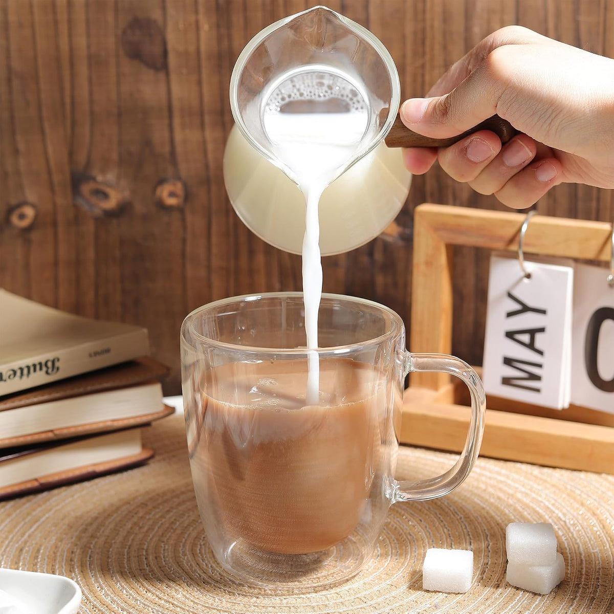 Joeyan 6 oz Grey Glass Measuring Cups with Spout,Borosilicate Glass Triple Pitcher with Scale,Origami Style Espresso Shot Glasses with Wood Handle for Coffee Milk,Dishwasher Safe