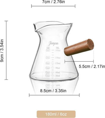 Joeyan 6 oz Grey Glass Measuring Cups with Spout,Borosilicate Glass Triple Pitcher with Scale,Origami Style Espresso Shot Glasses with Wood Handle for Coffee Milk,Dishwasher Safe
